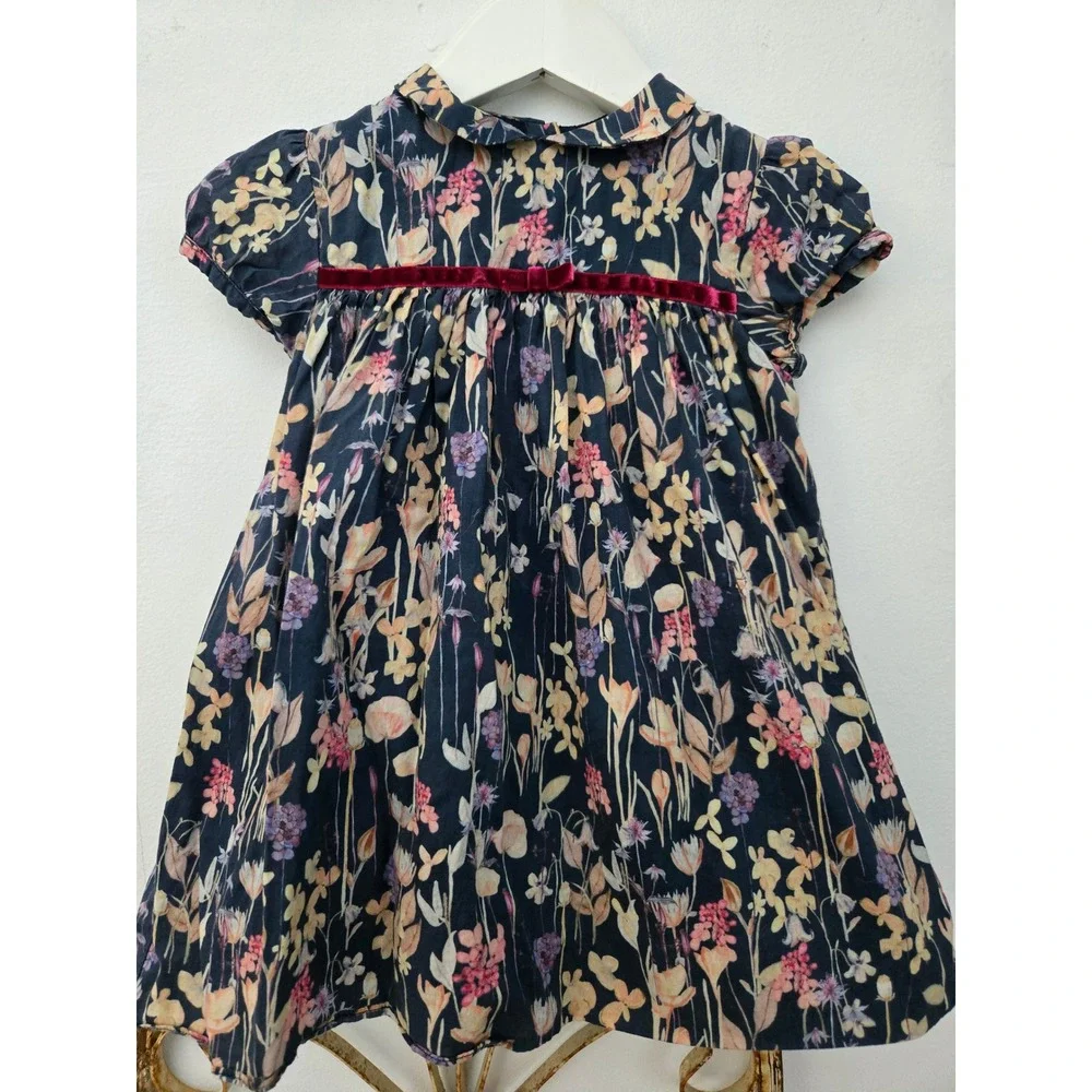 Marie Chantal Floral Dress Girl's 24M Peter Pan Collar‎ Velvet Trim Navy